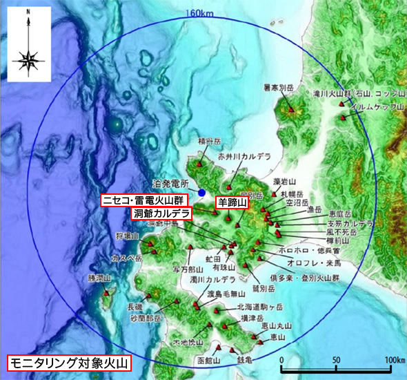 泊発電所の敷地から半径160km以内の検討対象火山の位置（「日本の火山（第3版）」に基づき作成）